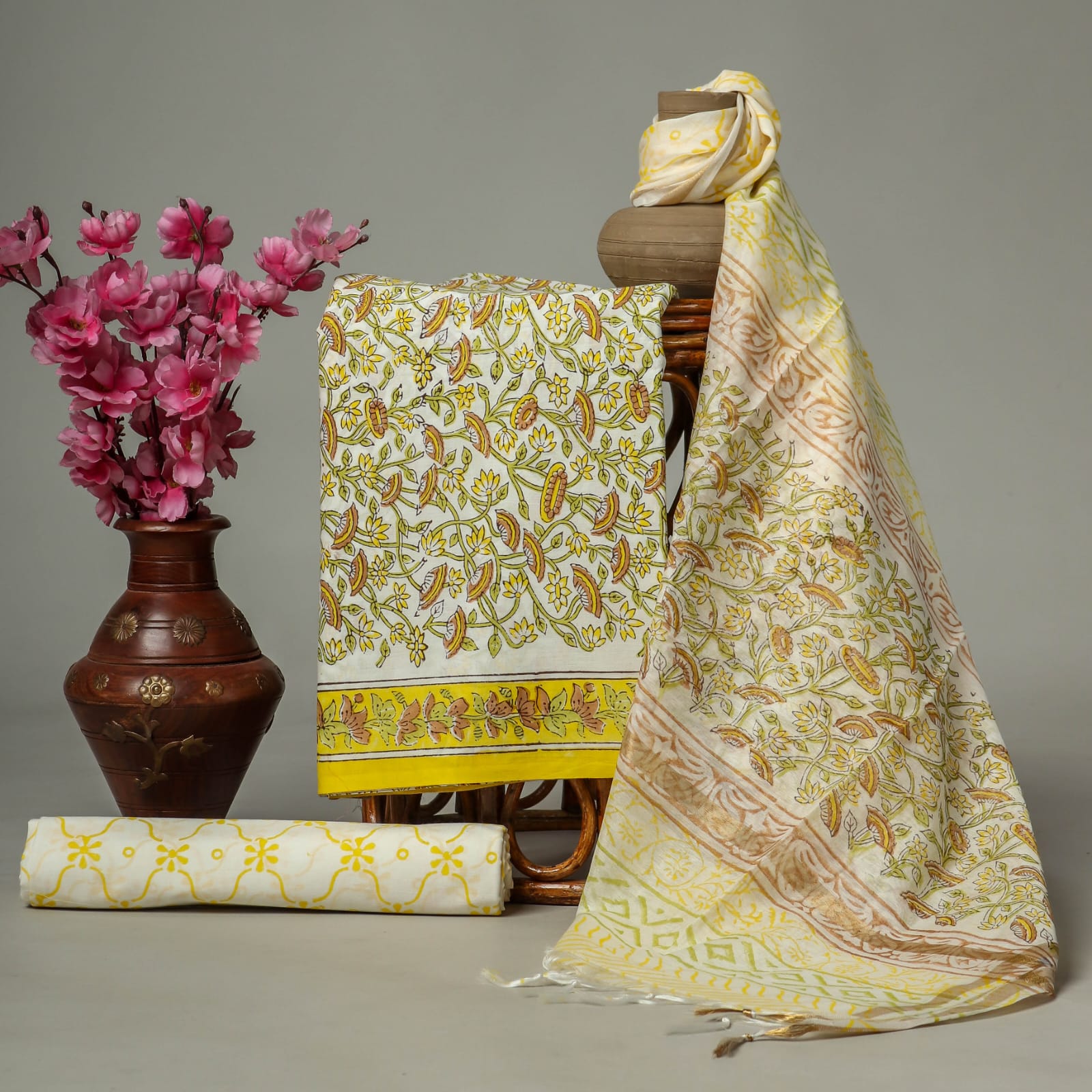 Wholesale 3pc Handblock Printed Cotton Dress Material with Chanderi Dupatta – Light Yellow Jaal Design, Artisan-Crafted in Rajasthan for Designers, Boutiques, and Bulk Orders